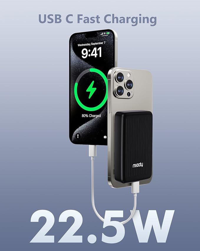 Miady Magnetic Portable Charger Power Bank for iPhone 10000mAh, 15W MagSafe-Compatible Wireless Portable Charger, 22.5W USB-C Charging Battery Pack for iPhone 17/16/15/14/13/12