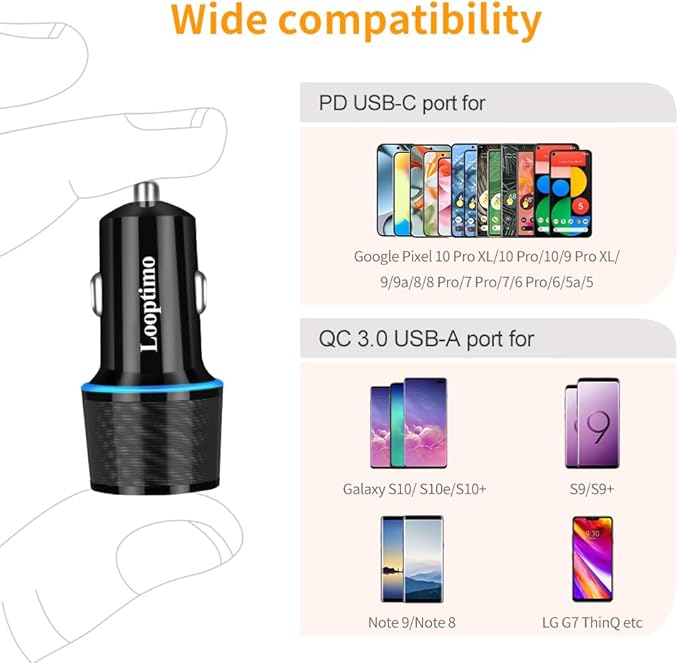 45W Fast USB C Car Charger for Google Pixel 10/10 Pro/10 Pro XL/9/9a/8/7, Galaxy S26+/S25 Ultra, Looptimo Android Phone Plug PD & QC3.0 Cigarette Lighter Adapter with Rapid Charging 3.3ft Type C Cable