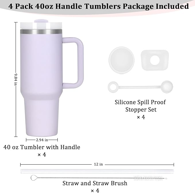 4 Pack 40 Oz Tumbler with Handle Bulk, Double Wall Vacuum Insulated Stainless Steel Tumbler with Lid and Straw, 40 oz cup with Silicone Spill Proof Stopper Set (Purple)