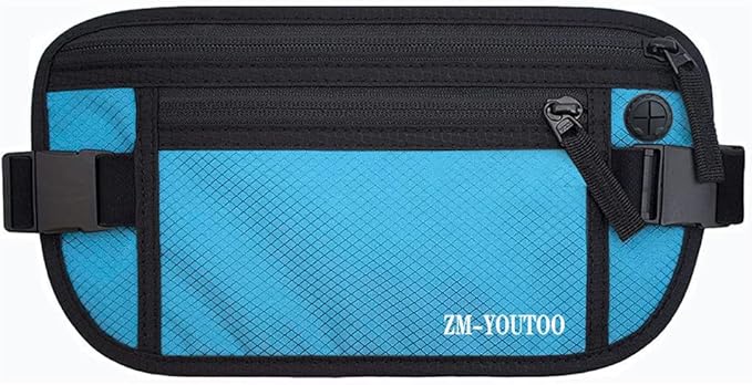 ZM-YOUTOO Money Belt for Travel - Hidden Travel Pouch Protect Your Credit and Money With RFID Blocking Passport Holder Waist Wallet (Blue)