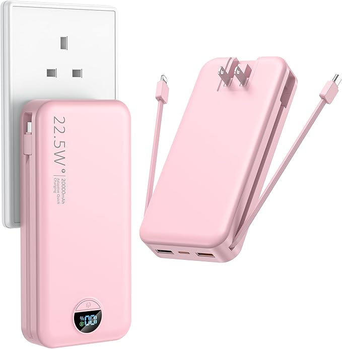 Ffnpua Portable Charger with Wall Plug, 20000mAh USB C Power Bank Fast Charging, External Battery Pack with Built in Cables, Digital Display, 5 Output 2 Input for iPhone Android Cell Phone Tablet