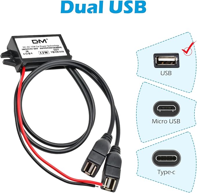 2-Pack DC 12V 20V to 5V 3A USB, Aideepen USB Female DC Converter Adapter Buck Module, for Car Power,Golf Cart Scooters, Motors and DIY(Dual USB Port)