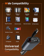 Retractable Car Charger, 3 in 1 Fast Car Phone Charger 50W, 1 TypeC Retractable Cables and USB Port,USB C Car Charger Compatible with iPhone 17/17 Pro Max/16/15/14/13/12/11,for Galaxy S25,Pixel 10