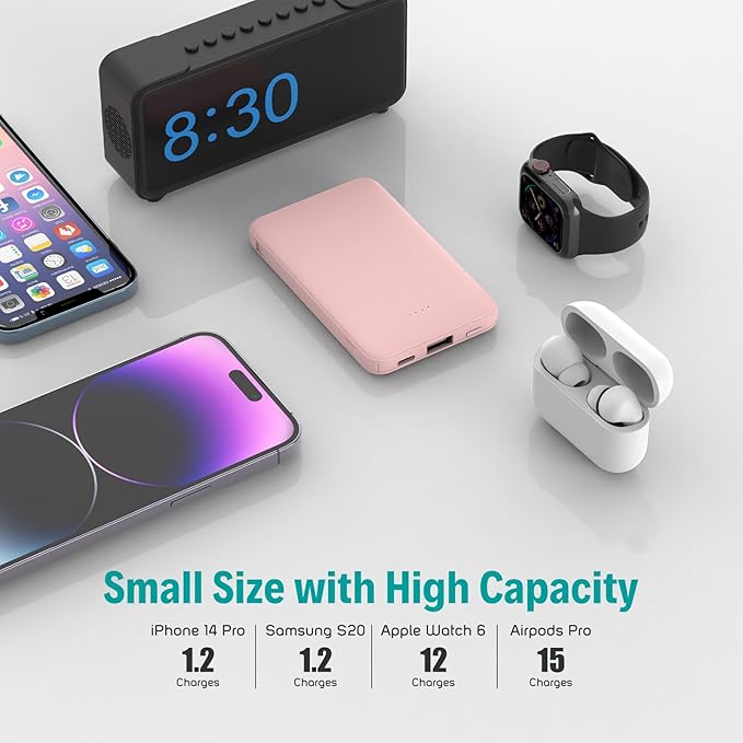 Sethruki Smallest Portable Charger with Built-in Cables 5000mAh,Ultra Slim Power Bank,Mini High Speed External Battery Packs,Lightweight USB C Phone Charger for iPhone Samsung Google Android (Pink)
