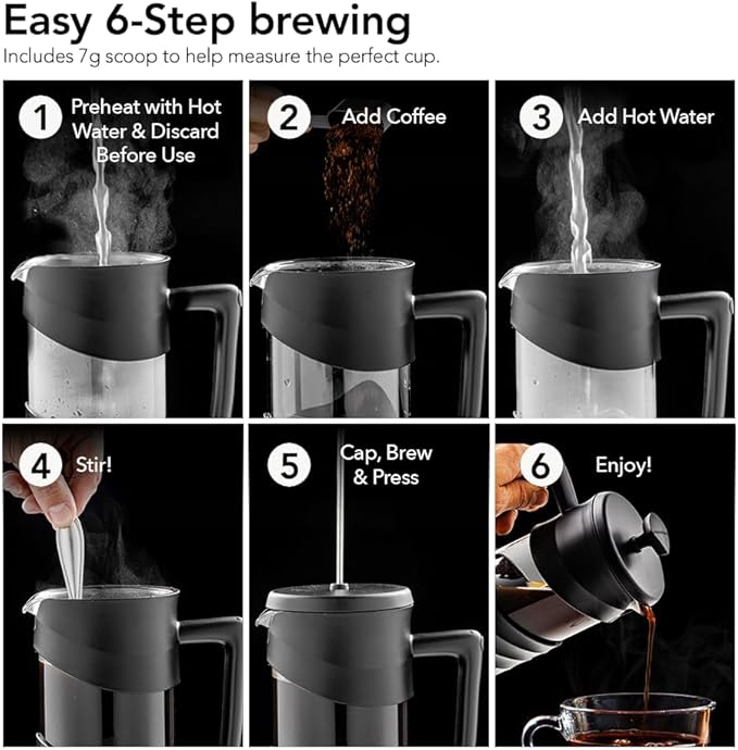 OVENTE French Press Coffee Maker 12 Ounce with Heat Resistant Borosilicate Glass & Stainless Steel 4-Level Filtration System, Portable Cold Brew Coffee Maker for Travel, Camping or Gift, Black FPW12B