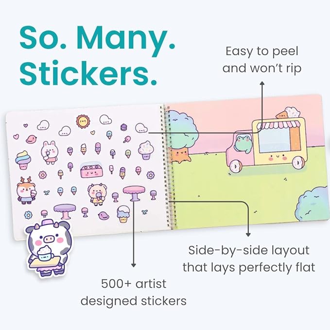 Cute Foods Around Town 500+ Sticker Book for Girls by Cupkin Toddler Airplane Activity Coloring + Sticker Book, Road Trip Essentials, 12 Coloring Pages + 12 Scenes for Ages 2–8 Years