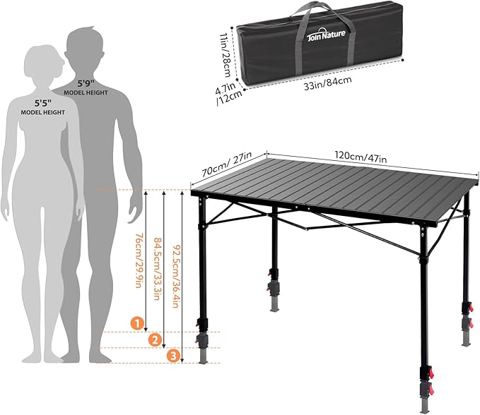 Join Nature Portable Outdoor Adjustable Height Camping Table, Large for 2-6 Person, Foldable Roll-up Aluminum Camp Table with Carry Bag for Picnic, Camp, Sturdy, Stable, Loads 220 Lbs (Black)