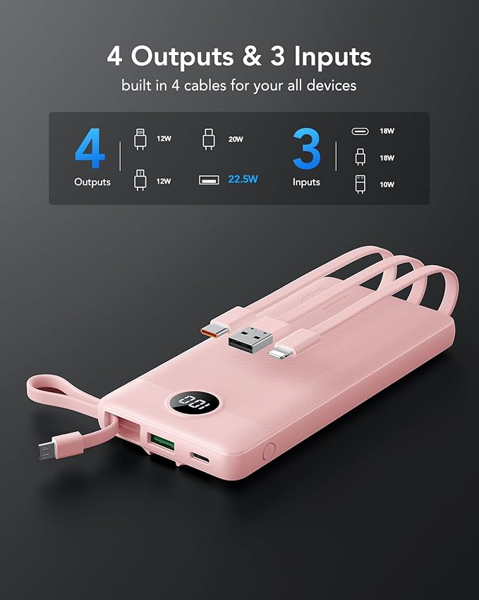 VRURC Portable Phone Charger, 20W PD Fast Charging Portable Charger for iPhone, 10000mAh Battery Bank with Cables, 4 Output 3 Input USB C Battery Pack for iPhone 17 16 15 14 13,Samsung Galaxy-Pink