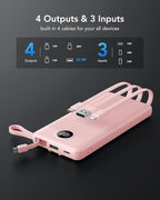 VRURC Portable Phone Charger, 20W PD Fast Charging Portable Charger for iPhone, 10000mAh Battery Bank with Cables, 4 Output 3 Input USB C Battery Pack for iPhone 17 16 15 14 13,Samsung Galaxy-Pink