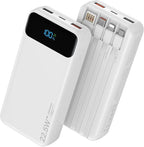 Portable Charger, 20000mAh 22.5W Fast Charging Power Bank with 4 Built-in Cables, Travel Essentials External Battery Pack with LED Display, 6 Outputs Charging Bank for iPhone, iPad, Samsung etc White