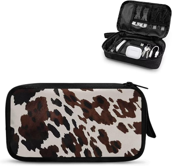 Cow Print Electronic Organizer Travel Cable Organizer Storage Bags for Data Cables, USB C Charger, SD Card, Hard Drive, Charging Cord, Mouse, Power Bank
