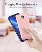 VRURC Portable Charger Power Bank, 10000mAh Travel Essentials Battery Pack, Compact USB C Charging Bank Built-in Cables Cords Compatible with iPhone 17 Pro 17 16 15 14 13,Samsung-Pink(1 Pack)