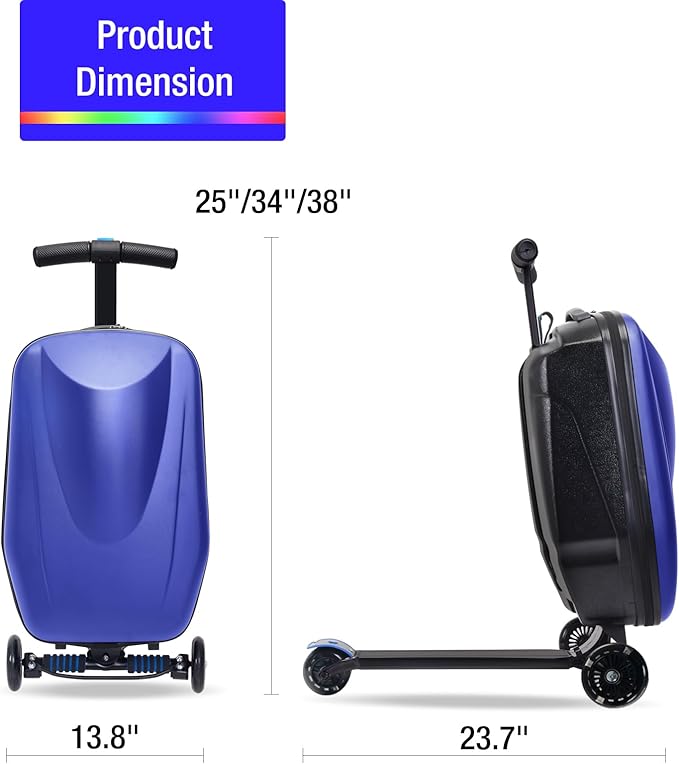 2-in-1 Ride-On Scooter Suitcase for Kids & Adults, 20” Foldable Hardshell Carry-On Luggage for Travel, Lightweight Kids Scooter Bag with Wheels