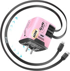 W & O 60W gan Fast Charger for iPhone, Retractable Phone Charger Wall Plug with Type‑C & Compatible Lightning Cables,for iPhone 17/16/15, Galaxy S25/24,Android and Devices (Pink)