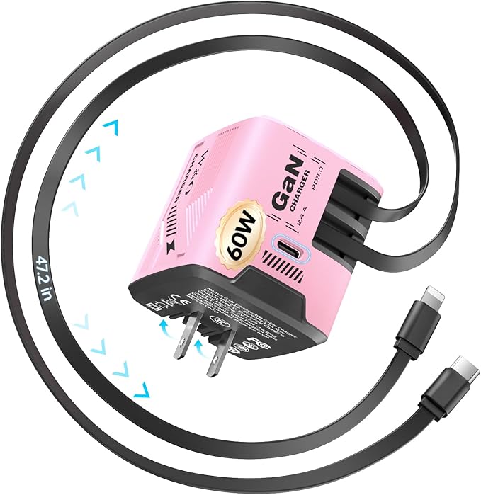 W & O 60W gan Fast Charger for iPhone, Retractable Phone Charger Wall Plug with Type‑C & Compatible Lightning Cables,for iPhone 17/16/15, Galaxy S25/24,Android and Devices (Pink)