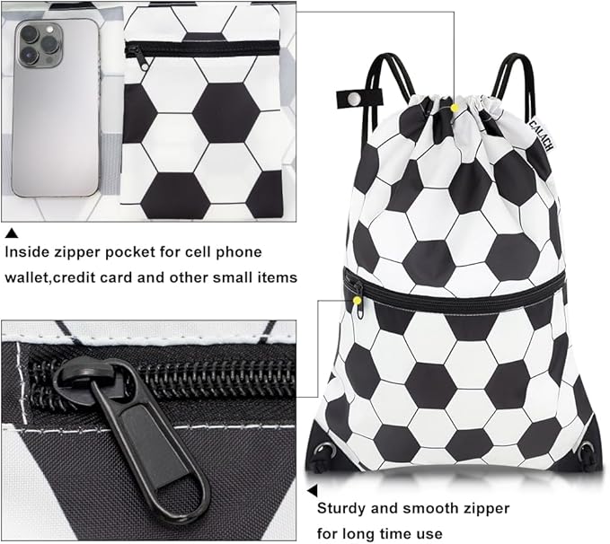 draw string back bag, Large Gym Sports string backpack for men and women with front zipper pocket(football pattern)