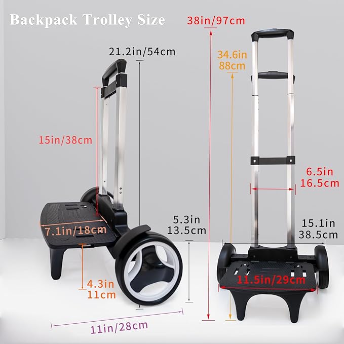 Rolling Backpack Trolley Cart with Stair-Climbing Quiet Wheels,Foldable Aluminum Frame,Adjustable Handle,Large 77 lbs Capacity–Fits Travel Bags,Book Bags,Shopping–Black,No Edge Guard