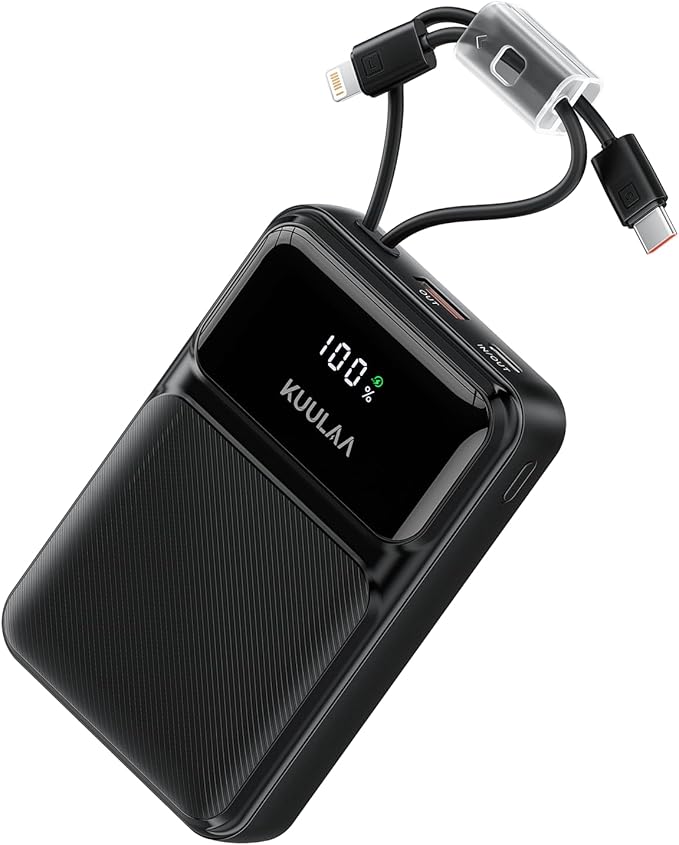 Kuulaa Portable Charger with Built in Cables 20000mAh, Travel Power Bank with LED Display, 22.5W Fast Charging Battery Pack for iPhone 17 16 15 14 13 12 Android