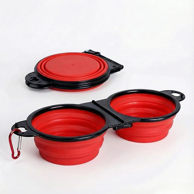 Collapsible Dog Bowls with Carabiner, Double Portable Travel Pet Bowls for Food and Water, Foldable Silicone Dog Bowl for Walking, Hiking, Camping, Small Medium Dogs and Cats,Red