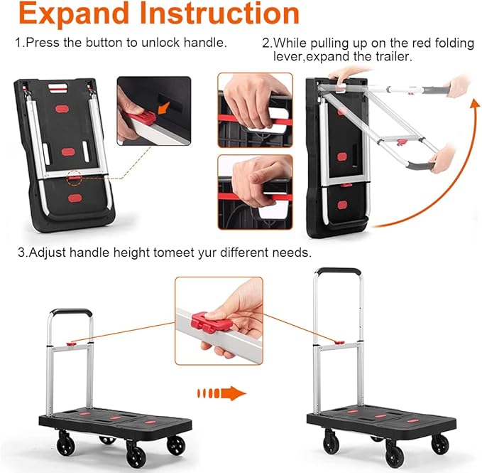 Folding Hand Truck Platform Truck 330 Lbs Heavy Duty Dolly Cart with Wheels, Fully Folded Push Cart, Portable Trolley Utility Cart for Easy Storage, Garage Moving Shopping Home Office