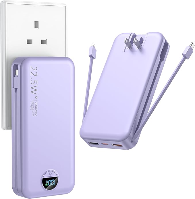 Ffnpua Portable Charger with Wall Plug, 20000mAh USB C Power Bank Fast Charging, External Battery Pack with Built in Cables, Digital Display, 5 Output 2 Input for iPhone Android Cell Phone Tablet