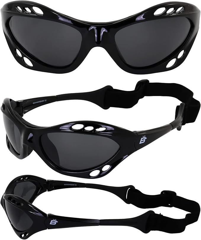 Birdz Eyewear Seahawk Polarized Sunglasses UV Protection Lenses for Sport Surfing Jet Skiing Water Kiteboarding Fishing 2 Pairs Black Frames Smoke Blue Lenses