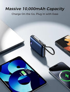Portable Charger with Built-in Cables & Wall Plug, 10000mAh Power Bank, 4 Outputs 22.5W USB C Fast Charging, Slim Travel Battery Pack with LED Display for iPhone 17/16/15/14, DarkBlue