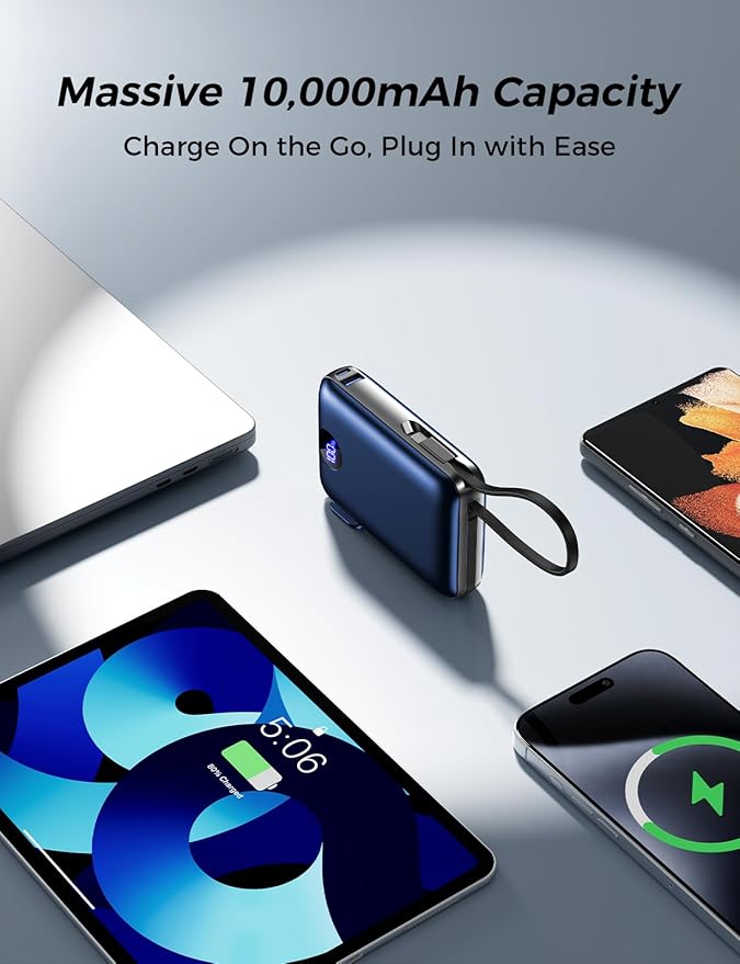 Portable Charger with Built-in Cables & Wall Plug, 10000mAh Power Bank, 4 Outputs 22.5W USB C Fast Charging, Slim Travel Battery Pack with LED Display for iPhone 17/16/15/14, DarkBlue