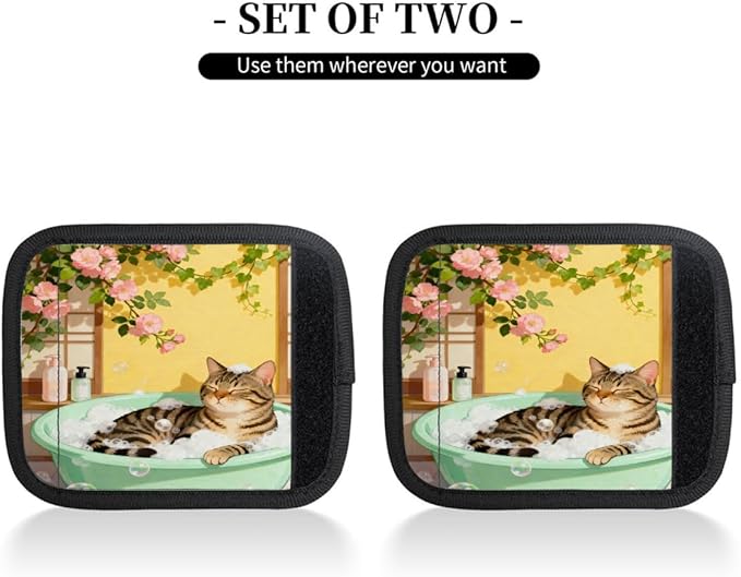 2 Pack Luggage Handle Wrap with Travel Tags - Non-Slip Protective Cover Soft Handle Grips Covers for Suitcase(Flower Cat Bath)