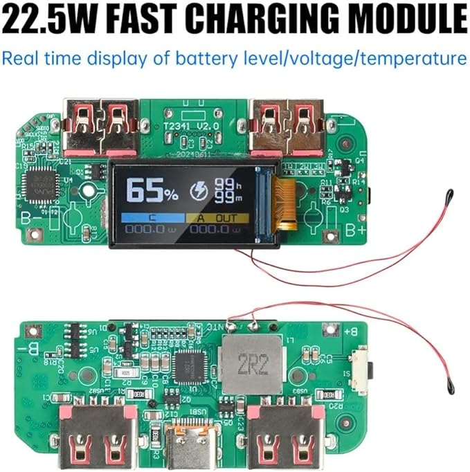 USB 22.5W Fast Charging Step-Down Converter Power Bank Module with PD QC FCP VOOC Protocols Type-C and Dual USB Ports TFT Display Multiple Safety Protection