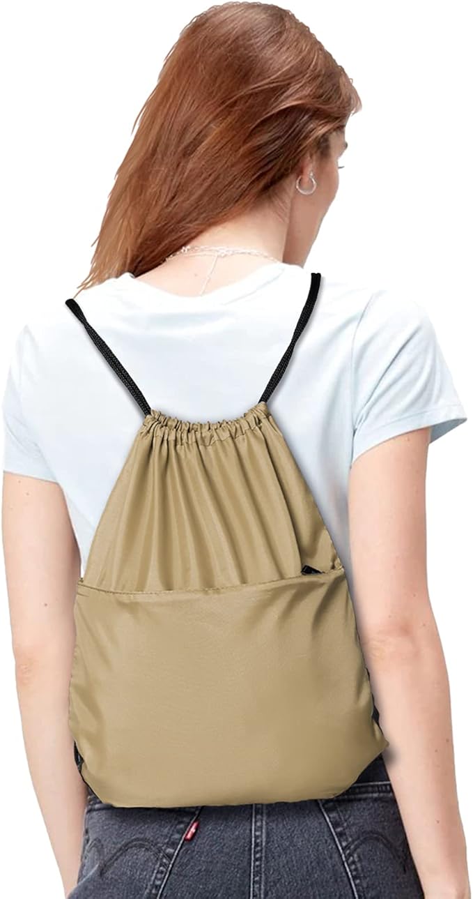 Drawstring Backpack Sports Water Resistant String Bag Sport Gym Sackpack for Women Men Large with Zipper, Khaki