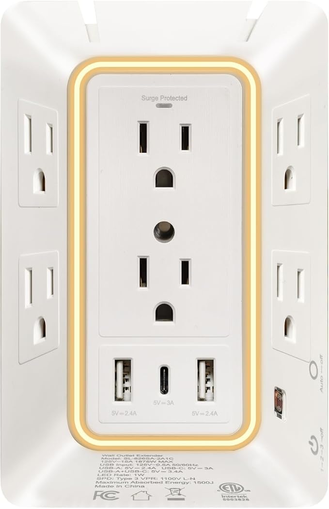 Outlet Extender with Night Light, Surge Protector Wall Mount with 6 AC Outlets and 3 USB Ports (1 USB C), Multi Plug Outlet Splitter, Dorm Room Essentials for Home, Office, Travel, FCC Listed