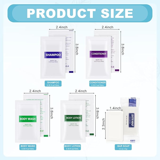 5IN1 Toiletries Bulk Travel Size Set(100 Pcs) 5-Piece Set: 20pcs Travel Size Body Wash, 20pcs Hotel Shampoo, 20pcs Mini Conditioner, 20pcs Body Lotion, 20psc Bar Soap, Bulk Mini Guest Amenities Supply