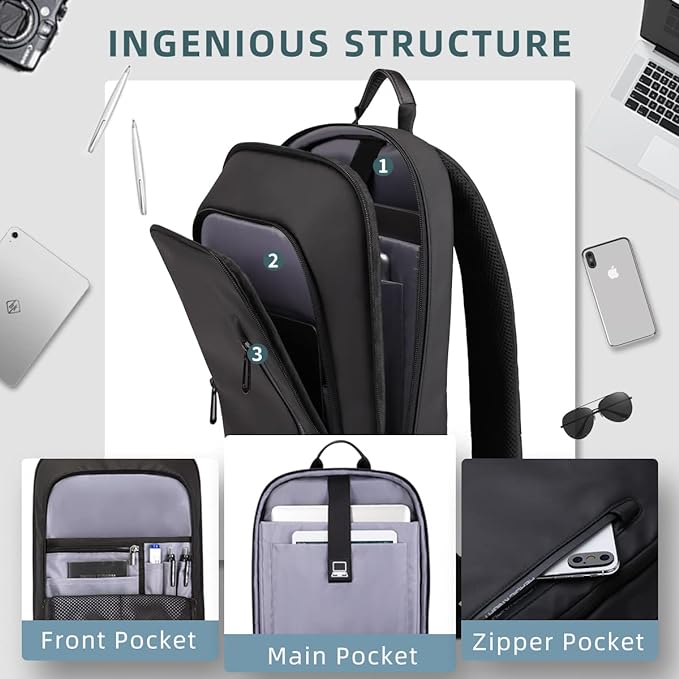 hk Backpack for Men Business Slim Backpack with USB Charger Computer Lightweight Anti-theft Travel Backpacks 15.6 inch Water Resistant Laptop Bag for Work Office College-Black