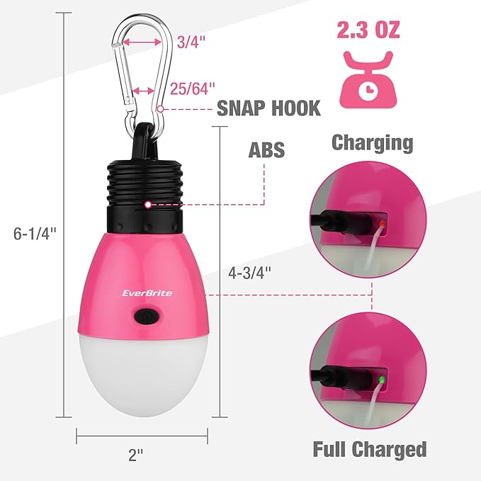EverBrite Rechargeable Camping Light, Portable Tent Lantern,3 Lighting Modes, Hanging Tent Light Bulbs with Clip Hook for Hiking, Fishing, Backpacking, Emergency and More-Pink
