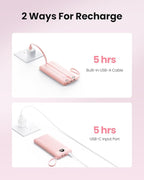 Portable Phone Charger, Slim 10000mAh Travel Essentials Power Bank with Cords Wires, Battery Pack 5 Outputs 2 Inputs LED Display Compatible with iPhone/Android & More (Pink)