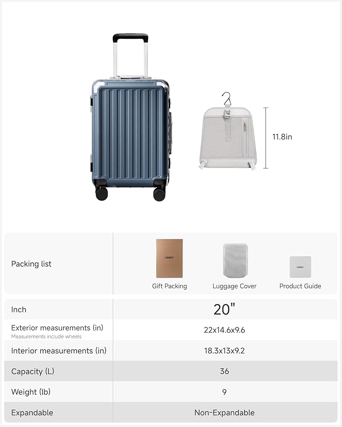 Carry On Luggage with Spinner Wheels, 8010S Aluminum Frame Zipperless Polycarbonate Hard Shell Suitcase (ZX-Core, Blue, 20 Inch)