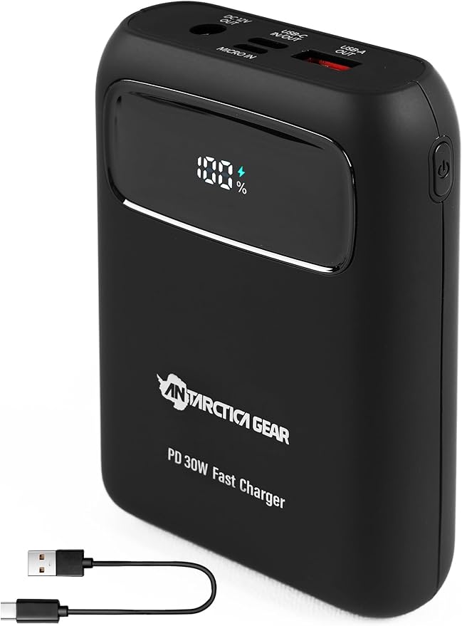 ANTARCTICA GEAR 15000mAh 12V Portable Battery, PD 30W and QC 4.0 Fast Charger Battery, LED Display Rechargable Power Bank for Heated Vests/Jackets/Hoodies ect