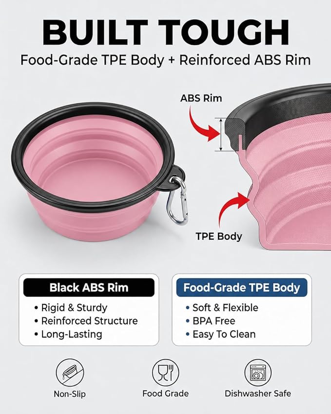 Collapsible Dog Bowls for Travel, 2-Pack Dog Portable Water Bowl for Dogs Cats Pet Foldable Feeding Watering Dish for Traveling Camping with Carabiners, BPA Free (Grey&Pink, Medium (Pack of 2))