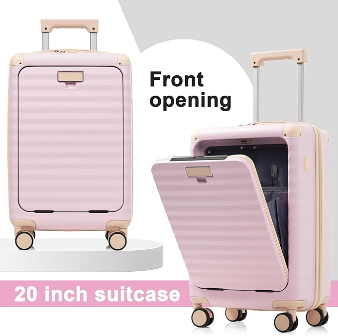 5 Piece Luggage Set w/TSA Locks & USB Port, Front Opening Hard Shell Luggage Sets, Expandable Suitcase Set with Wheels and Cup Holder(20"/24"/28") (Pink)