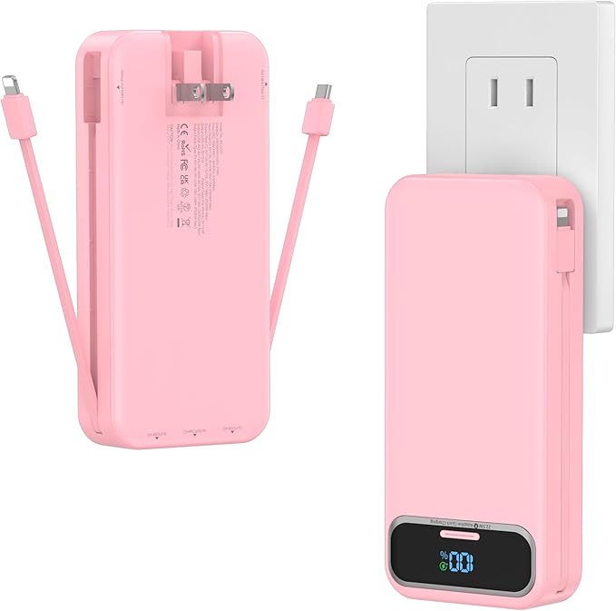 20000mAh Lightweight-Portable-Charger-Power-Bank with Built-in Cables and AC Wall Plug, PD20W USB-C Fast Charging Battery Pack, LED Display External Travel Phone Charger for All iPhone,Samsung,Android