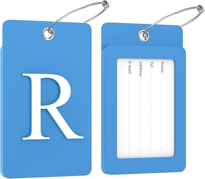 Gostwo 2 Pack Luggage Tags for Suitcases, 26 Initial Letter Travel Luggage Baggage Identification Labels ID Tag Fully Bendable Tags with Stainless Steel Loop (Blue) (Letter R)