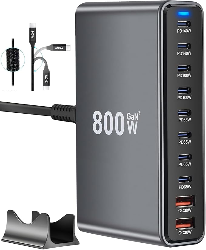 800W USB C Fast Charger Block, Multi-port USB Charging Station, GaN Ⅲ Double 140W PD PPS Port Fast Charging Station for Multiple Devices,Laptop Wall Charger Compatible with MacBook, iPhone 17,iPad etc