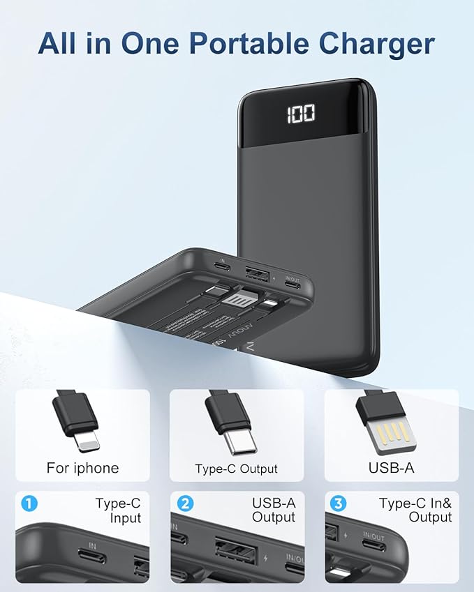 Portable Charger with Built-in Cables 10000mAh Power Bank with Cords, Slim Battery Pack with LED Display, Travel Essential Portable Charger for iPhone 17/16/15/14 Series, Android Samsung Google Pixel