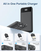 Portable Charger with Built-in Cables 10000mAh Power Bank with Cords, Slim Battery Pack with LED Display, Travel Essential Portable Charger for iPhone 17/16/15/14 Series, Android Samsung Google Pixel