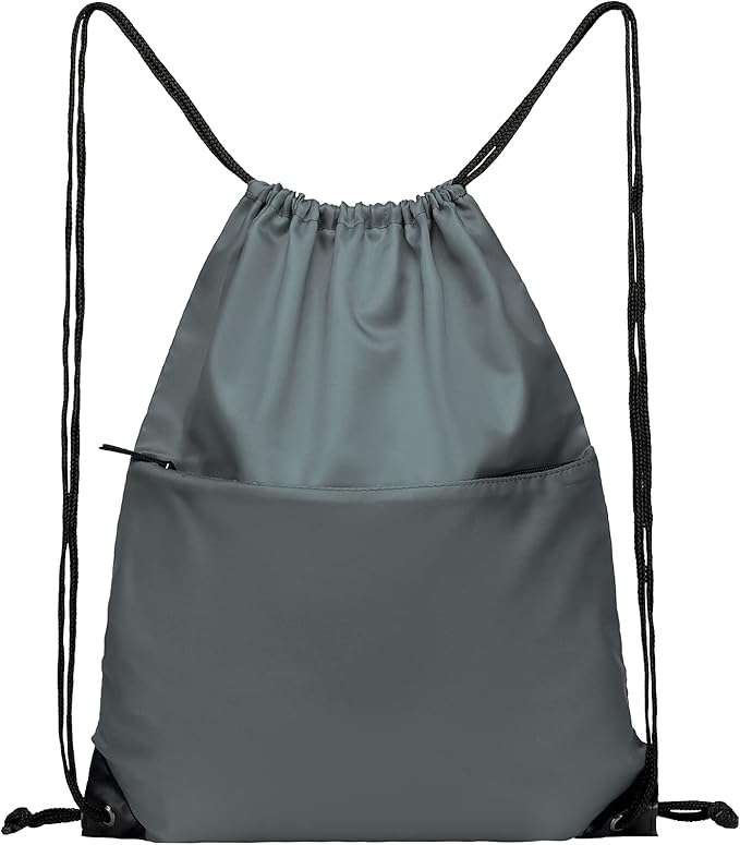 Drawstring Backpack Sports Water Resistant String Bag Sport Gym Sackpack for Women Men Large with Zipper, Grey