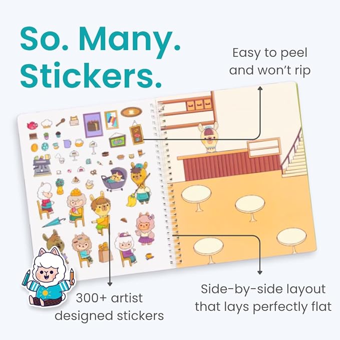 Llama Village 300+ Kids Sticker Book by Cupkin Toddler Airplane Travel Activity Coloring and Sticker Book, Road Trip Essentials, 12 Coloring Pages 12 Scenes for Ages 2–8 Years