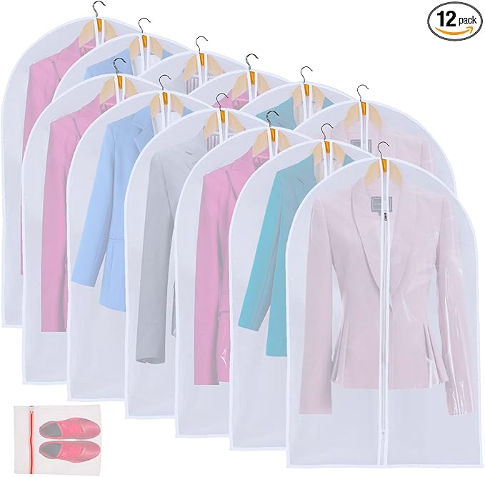 MsKitchen 12 Pack Shirt Garment Bags (24x36") - Dustproof Short Suit Covers - Durable PEVA Closet Bags with Sturdy Zipper for Blouses, Jackets, Sweaters & T-Shirts (Translucent)