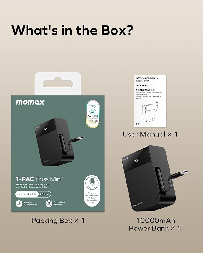 MOMAX 10000mAh Portable Charger Power Bank with Retractable Cable, 45W Fast Charging Battery Pack 2 USB-C+A Ports,LED Power Display, Flight Friendly Powerbank for iPhone 17/16/15 Series(Black)