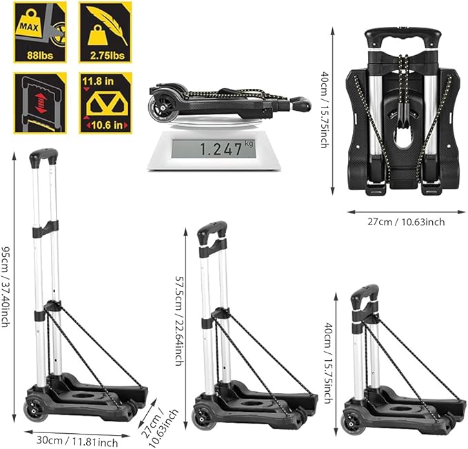 Hivexagon Folding Luggage Cart 88lbs Load Capacity Compact Lightweight and Durable Aluminum Alloy Travel Trolley for Luggage, Personal, Travel, Moving and Office Use